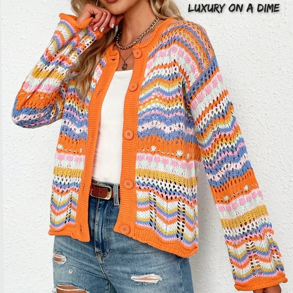 Bright Chevron Stripe Openwork Knit Button Front Long Sleeve Retro Cardigan - Picture 3 of 6